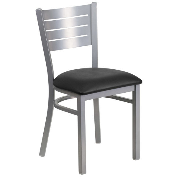 Ci 750 Bs Cafe Breakroom Silver Slat Back Metal Chair With Black Vinyl Seat